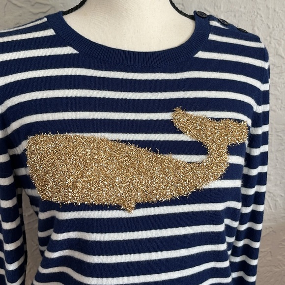 Talbots Gold Tinsel Whale Blue Striped Pullover Sweater - Picture 4 of 9